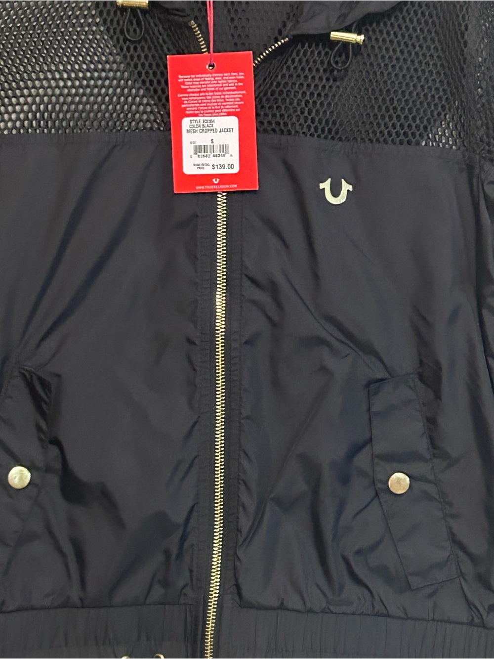 True Religion Mesh Cropped Jacket Black Hooded Windbreaker NWT Size S - Picture 7 of 12